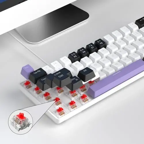 MageGee Portable 60% mexanik oʻyin klaviaturasi, MK-Box LED yoritgichli ixcham 68 tugmali mini simli ofis klaviaturasi, Windows noutbuk kompyuter Mac uchun qizil kalit bilan - oq/binafsha - 6