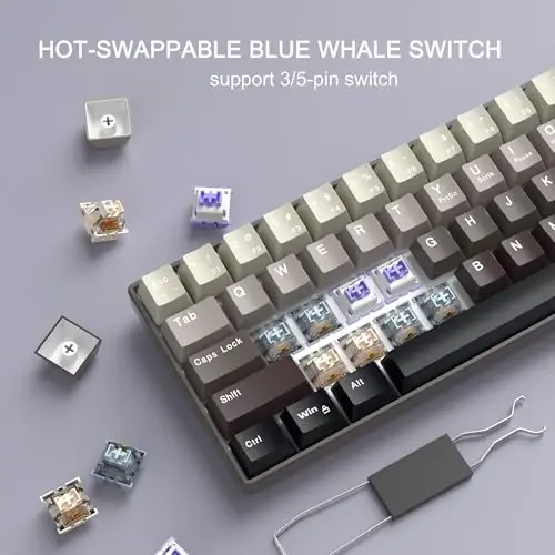 MageGee Portativ 60% Mexanik O'yin Klaviatura, Issiq Almashtiriladigan Moviy Kit Switch, RGB Orqa Yorug'likli Kompakt 68 Tugmali Mini Simli Gradientli Maxsus Klaviatura Windows Noutbuk Kompyuter uchun, Ovozni O'chirish Paxtasi bilan, Qora - 2