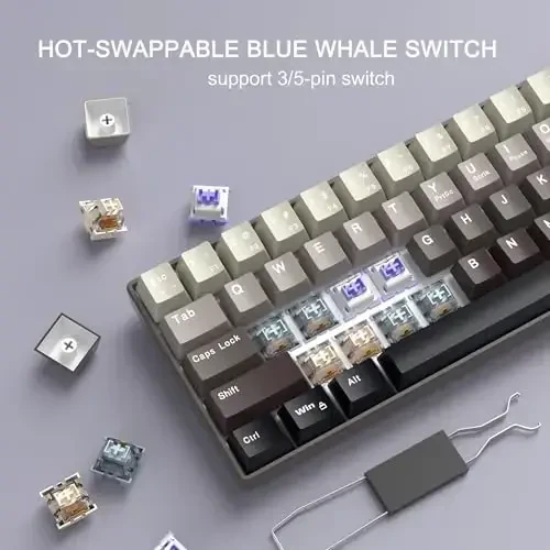 MageGee Portativ 60% Mexanik O'yin Klaviatura, Issiq Almashtiriladigan Moviy Kit Switch, RGB Orqa Yorug'likli Kompakt 68 Tugmali Mini Simli Gradientli Maxsus Klaviatura Windows Noutbuk Kompyuter uchun, Ovozni O'chirish Paxtasi bilan, Qora - 2