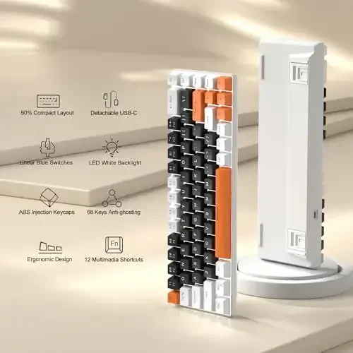 MageGee Portativ 60% Mexanik O'yin Klaviatura, MK-Box LED Orqa Yorug'lik Kompakt 68 Tugmali Mini Simli Ofis Klaviatura Windows Laptop PC Mac uchun Moviy Kalit bilan - Qora/Oq - 2
