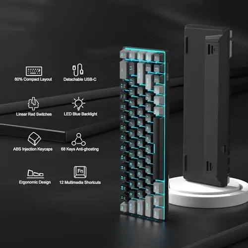 MageGee Portativ 60% Mexanik O'yin Klaviatura, MK-Box LED Orqa Yorug'lik Kompakt 68 Tugmali Mini Simli Ofis Klaviatura Windows Laptop PC Mac uchun Moviy Kalit bilan - Qora/Oq - 2
