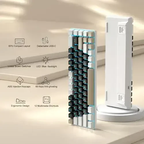 MageGee Portativ 60% mexanik oʻyin klaviaturasi, MK-Box LED yoritgichli ixcham 68 tugmali mini simli ofis klaviaturasi Windows Laptop PC Mac uchun jigarrang kalit bilan - Qora/Qahva rang - 2