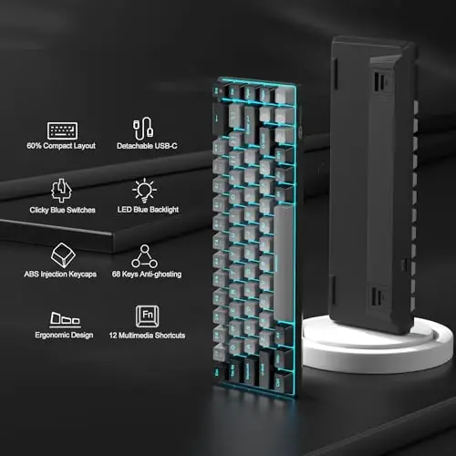 MageGee Portativ 60% mexanik o'yin klaviaturasi, MK-Box LED yoritgichli ixcham 68 tugmali mini simli ofis klaviaturasi Windows Laptop PC Mac uchun - Kulrang/Qora - MAGEGEE (1)