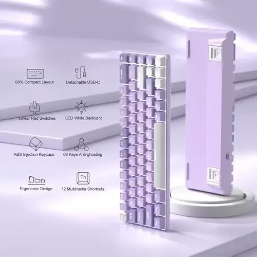 MageGee Портативная 60% Механическая Игровая Клавиатура, MK-Box LED Белая Подсветка Компактная 68 Клавиш Мини Проводная Офисная Клавиатура с Красным Переключателем для Windows Ноутбука ПК Mac - Фиалки - 2