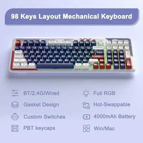 MageGee simsiz mexanik klaviatura, Cloud98 RGB orqa yoritgichli uch rejimli 2.4GHz/BT/USB-C simli oʻyin klaviaturasi, Gasket oʻrnatilgan PBT materialli 98 tugmali issiq almashtiriladigan klaviatura - Cloud Sea/LvoryWhite Switch - 2