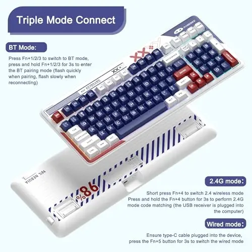 MageGee simsiz mexanik klaviatura, Cloud98 RGB orqa yoritgichli uch rejimli 2.4GHz/BT/USB-C simli oʻyin klaviaturasi, Gasket oʻrnatilgan PBT materialli 98 tugmali issiq almashtiriladigan klaviatura - Cloud Sea/LvoryWhite Switch - 4