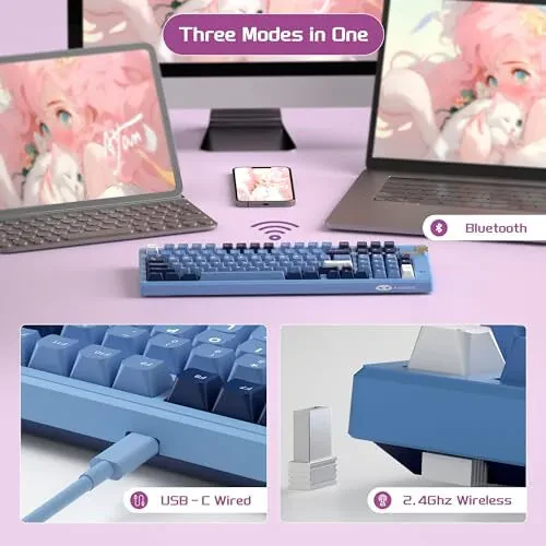 MageGee Simsiz Mexanik Klaviatura, Tri-Mode 2.4GHz/BT/USB-C Issiq Almashtiriladigan 98 Tugmali Gasket O'yin Klaviatura, RGB Orqa Yoritgichli Moviy Kit Kalitlari Kompyuter Gamer Ofisi uchun (To'q Ko'k) - 6
