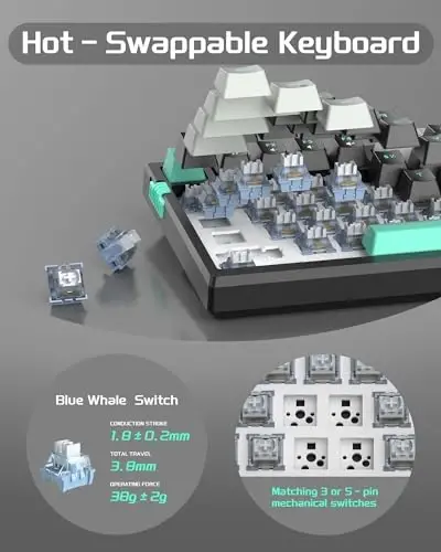 MageGee SKY81 75% Mechanical Gaming Keyboard, Gasket Hot Swappable Wired Custom Creamy Keyboard with 5-Layer Sound Dampening, Knob Control, RGB Backlit, NKRO for Win/Mac (Dark Elf, Blue Whale Switch) - 4