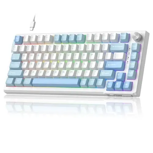 MageGee SKY81 75% Mechanical Gaming Keyboard, Hot Swappable Wired Custom Creamy Keyboards with 5-Layer Sound Dampening, Knob Control, RGB Backlit, NKRO for Win/Mac (Ice Sea Blue, Pink Bear Switch) - 1