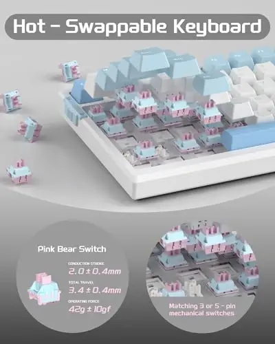 MageGee SKY81 75% Mechanical Gaming Keyboard, Hot Swappable Wired Custom Creamy Keyboards with 5-Layer Sound Dampening, Knob Control, RGB Backlit, NKRO for Win/Mac (Ice Sea Blue, Pink Bear Switch) - 4