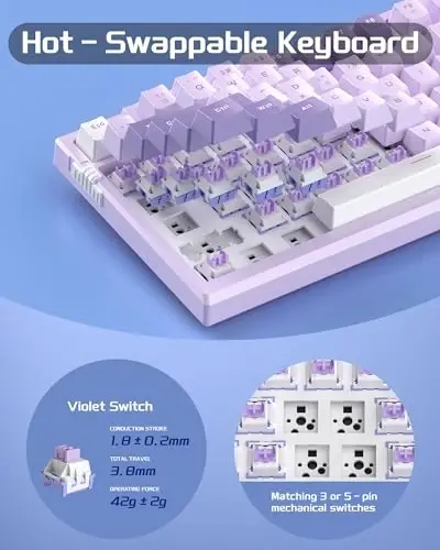 MageGee SKY81 75% Механическая игровая клавиатура, проводная с возможностью горячей замены, с 5-слойным шумоподавлением, ручкой управления, RGB-подсветкой, NKRO для Win/Mac (Фиолетовый, переключатель Violet) - 4