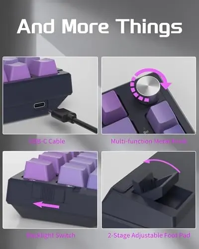 MageGee SKY81 75% Механическая игровая клавиатура, RGB с возможностью горячей замены, проводная, с 5-слойным шумоподавлением, ручкой, боковыми клавишами для Win/Mac (Тёмно-фиолетовый, переключатель Blue Whale) - 5