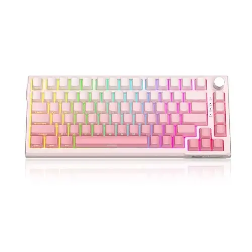 MageGee SKY81 75% Simsiz Gasket Mexanik O‘yin Klavaturasi, Hot Swappable RGB Custom Creamy Keyboard w/ 5-Layer Padding, BT/2.4G/USB-C, Knob Control, Side Printed Keycaps (Oq va Pushti, Violet Switch) - 1