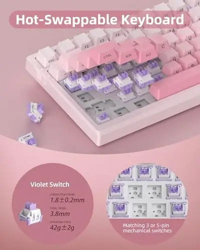 MageGee SKY81 75% Simsiz Gasket Mexanik O‘yin Klavaturasi, Hot Swappable RGB Custom Creamy Keyboard w/ 5-Layer Padding, BT/2.4G/USB-C, Knob Control, Side Printed Keycaps (Oq va Pushti, Violet Switch) - 5