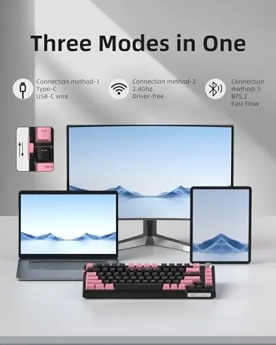 MageGee SKY81 75% simsiz gasket mexanik oʻyin klaviaturasi, almashtiriladigan RGB krem klaviatura, 5 qatlamli plomba, BT/2.4G/USB-C, tugma boshqaruvi, Win/Mac uchun NKRO (Pushti&Qora, Koʻk Kit Switch) - 2