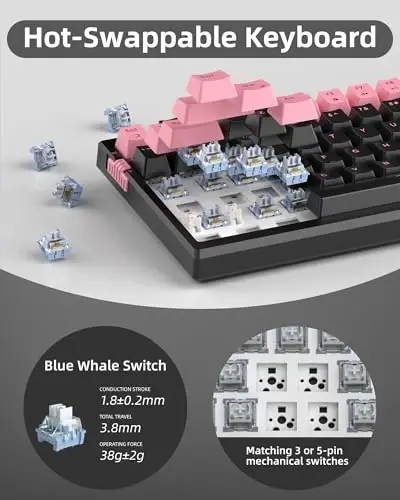 MageGee SKY81 75% simsiz gasket mexanik oʻyin klaviaturasi, almashtiriladigan RGB krem klaviatura, 5 qatlamli plomba, BT/2.4G/USB-C, tugma boshqaruvi, Win/Mac uchun NKRO (Pushti&Qora, Koʻk Kit Switch) - 5