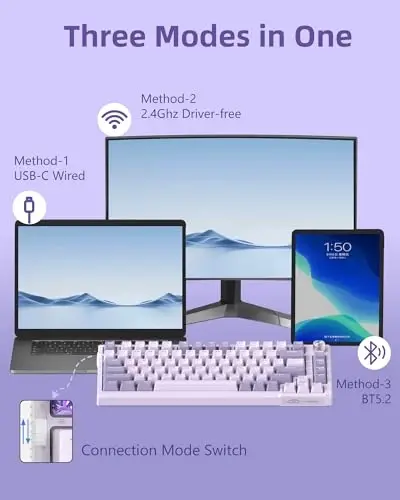 MageGee SKY81 75% simsiz qistirmali mexanik oʻyin klaviaturasi, issiq almashtiriladigan RGB sozlanadigan qaymoqli klaviatura, 5 qatlamli plomba, BT/2.4G/USB-C, tugma boshqaruvi, Win/Mac uchun NKRO (Dreamy Sky, Violet Switch) - 2