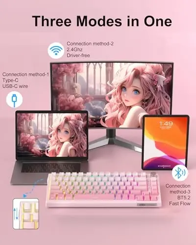 MageGee SKY81 75% Wireless Gasket Mechanical Gaming Keyboard, Hot Swappable RGB Custom Creamy Keyboard w/ 5-Layer Padding, BT/2.4G/USB-C, Knob Control, Side Printed Keycaps (White&Pink, Violet Switch) - 2