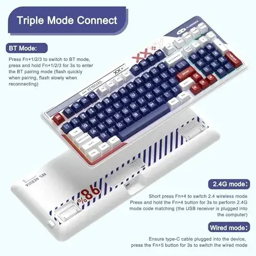 MageGee Wireless Mechanical Keyboard,Cloud98 RGB Backlight Triple Mode 2.4GHz/BT/USB-C Wired Gaming Keyboard,Gasket Mounted PBT Material 98 Keys Hot-Swappable Keyboard - Cloud Sea/LvoryWhite Switch - 4