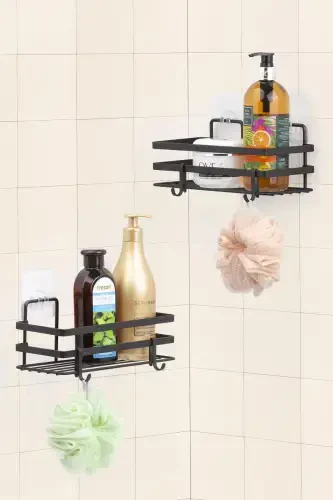 Magic Fix Magic Adhesive Hooked Black Framed 2 Pieces Rectangular Bathroom Shelf - OKYANUS HOME (1)