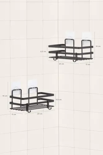 Magic Fix Sihirli Yapışkan Kancalı Siyah Lamalı 2 Adet Dikdörtgen Banyo Rafı - Siyah - 9