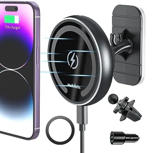 MAGJIEYX for Magsafe Car Mount Charger for Magnetic Wireless Charging for iPhone12/13/14/15/16Pro,Pro Max,Plus,Mini,Vent&Dashboard Strong Magnets Phone Holder with Fast 36W QC 3.0 Adapter(Dark Black) - 1