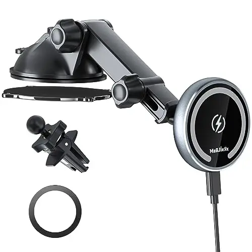 MAGJIEYX for MagSafe Car Mount Charger, Magnetic Wireless Fast Charging for iPhone 15, 14, 13, 12 Pro Max, Plus, Mini, 3-in-1 Vent/Dash/Windshield Auto-Alignment Phone Holder(No 36W QC3.0 Adapter) - MAGJIEYX