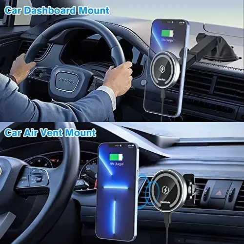 MAGJIEYX for MagSafe Car Mount Charger, Magnetic Wireless Fast Charging for iPhone 15, 14, 13, 12 Pro Max, Plus, Mini, 3-in-1 Vent/Dash/Windshield Auto-Alignment Phone Holder（No 36W QC3.0 Adapter） - 2