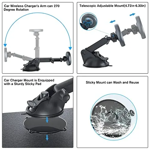 MAGJIEYX for MagSafe Car Mount Charger, Magnetic Wireless Fast Charging for iPhone 15, 14, 13, 12 Pro Max, Plus, Mini, 3-in-1 Vent/Dash/Windshield Auto-Alignment Phone Holder（No 36W QC3.0 Adapter） - 3