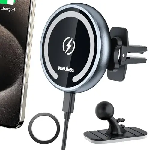 Magjieyx for Magsafe Car Mount Wireless Charger Magnetic Fast Charging Compatible with iPhone 15,14,13,12,Pro Max,Mini,Magsafe Case, Air Vent and Stick On Dashboard Car Phone Holder - MAGJIEYX