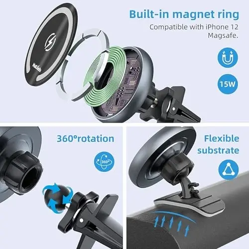Magjieyx for Magsafe Car Mount Wireless Charger Magnetic Fast Charging Compatible with iPhone 15,14,13,12,Pro Max,Mini,Magsafe Case, Air Vent and Stick On Dashboard Car Phone Holder - 6