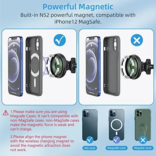 MAGJIEYX iPhone 12/13/14/15/16Pro, Pro Max, Plus, Mini uchun Magsafe avtomobil oʻrnatish zaryadlovchisi, Vent&Dashboard kuchli magnitli telefon ushlagichi, 36W QC 3.0 adapteri (Toʻq qora) - 4