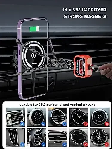 MAGJIEYX for Magnetic Magsafe Car Mount Charger, Wireless Car Charger with Fast Max 38W QC3.0Charging Adapter Retractable Phone Holder Fits iPhone16/15/14/13Plus/MagSafe Case,Dashboard/Vent/Windshield - 4