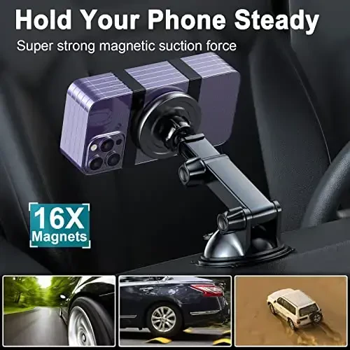 MAGJIEYX for MagSafe Car Mount Charger, Magnetic Wireless Fast Charging for iPhone16,15,14, 13, 12 Pro Max,Plus,Mini,3-in-1 Vent/Dash/Windshield Auto-Alignment Phone Holder（No 36W QC3.0 Adapter） - 5