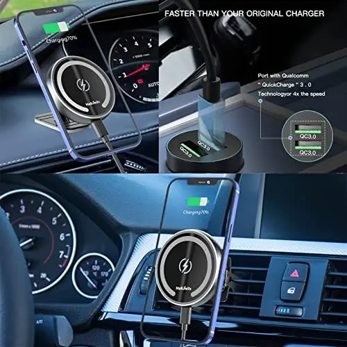 MAGJIEYX for Magsafe Car Mount Charger for Magnetic Wireless Charging for iPhone12/13/14/15/16Pro,Pro Max,Plus,Mini,Vent&Dashboard Strong Magnets Phone Holder with Fast 36W QC 3.0 Adapter(Dark Black) - 2