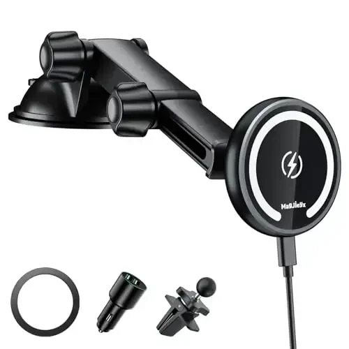 MAGJIEYX for Magnetic Magsafe Car Mount Charger, Wireless Car Charger with Fast Max 38W QC3.0Charging Adapter Retractable Phone Holder Fits iPhone16/15/14/13Plus/MagSafe Case,Dashboard/Vent/Windshield 