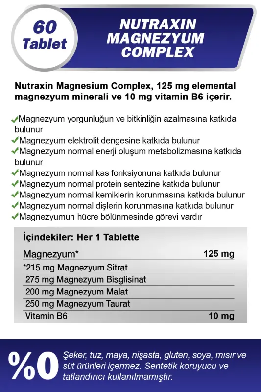 Magnesium Complex 60 Tablets 125 Mg - Bisglycinate - Taurate - Malate - Citrate - B6 - 2