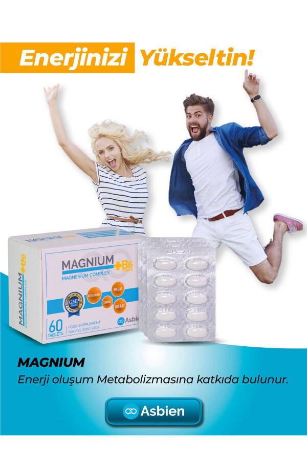 Magnesium Complex B6 60 Tablets Magnesium Bisglycinate, Citrate, Malate, Taurate, B6 Asbien - 5