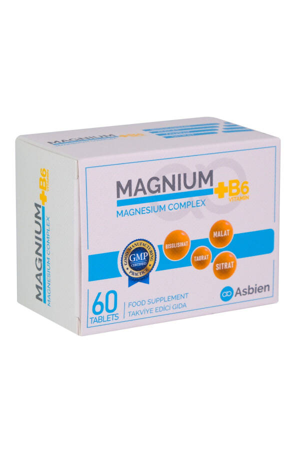 Magnesium Complex B6 60 Tablets Magnesium Bisglycinate, Citrate, Malate, Taurate, B6 Asbien - 6