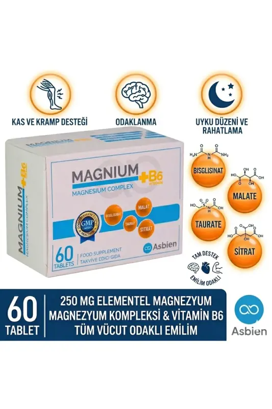 Magnesium Complex B6 60 Tablets Magnesium Bisglycinate, Citrate, Malate, Taurate, B6 Asbien - MAGNIUM