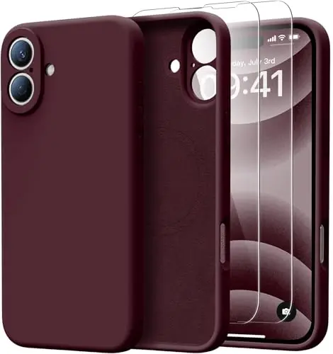Kiresen for iPhone 16 Case with 2 Screen Protectors - Compatible with Magsafe - Upgraded Camera Protection - Liquid Silicone Protective Phone Case for Women,Girls - Plums Color - KIRESEN