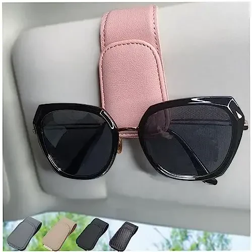 Magnetic Leather Sunglass Holder for Car, Sunglasses Clip for Car Visor, Auto Interior Accessories Universal for Different Size Eyeglasses(Pink) - 1