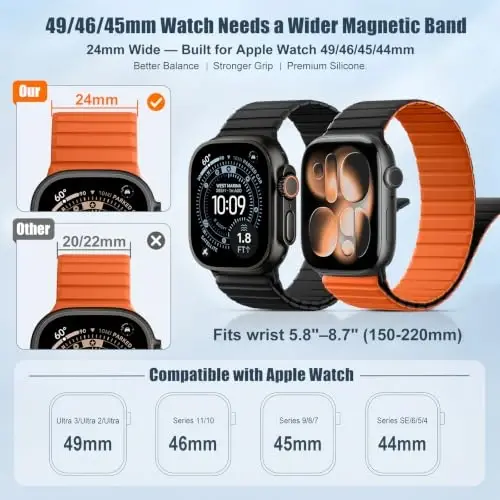 Magnetic Silicone Sport Band for Apple Watch Ultra 3/2 Band 49mm 46mm 45mm 44mm 42mm Men,Quick-Release Adjustment Loop Soft Comfort Waterproof Strap for iWatch Series 11 10 9 8 7 6 5 4 3 SE Ultra - 3