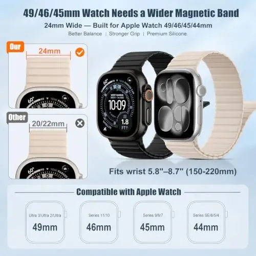 Magnetic Silicone Sport Band for Apple Watch Ultra 3/2 Band 49mm 46mm 45mm 44mm 42mm Men,Quick-Release Adjustment Loop Soft Comfort Waterproof Strap for iWatch Series 11 10 9 8 7 6 5 4 3 SE Ultra - 3