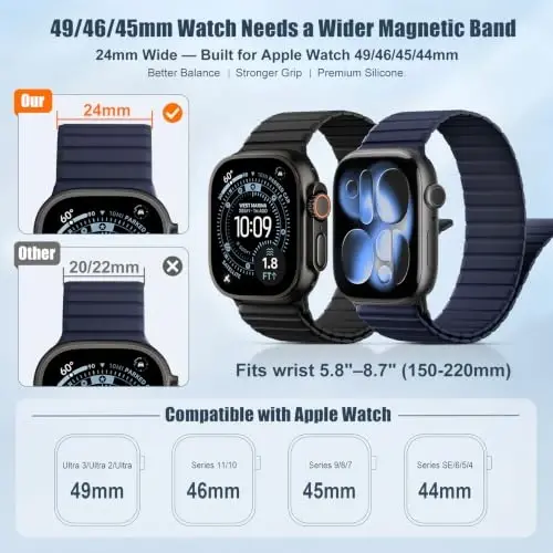 Magnetic Silicone Strap for Apple Watch Band 46mm 42 44 40 49mm Men Women | Soft Loop Strap for iWatch Ultra 4/3/2 Series 12 11 10 9 8 7 6 5 4 SE 49mm 46mm 42mm 44mm 40mm 45mm 41mm 38mm Upgraded Magnet - 3