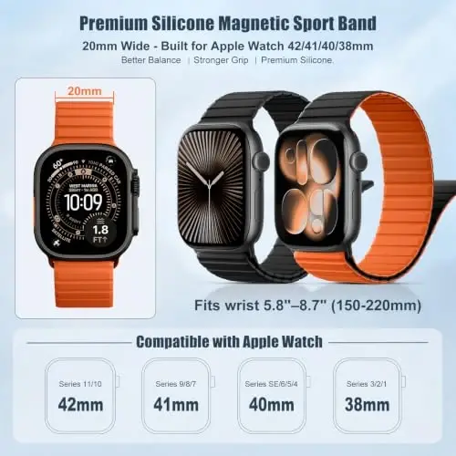 Magnetic Silicone Strap for Apple Watch Band 46mm 42 44 40 49mm Men Women | Soft Loop Strap for iWatch Ultra 4/3/2 Series 12 11 10 9 8 7 6 5 4 SE 49mm 46mm 42mm 44mm 40mm 45mm 41mm 38mm Upgraded Magnet - 3