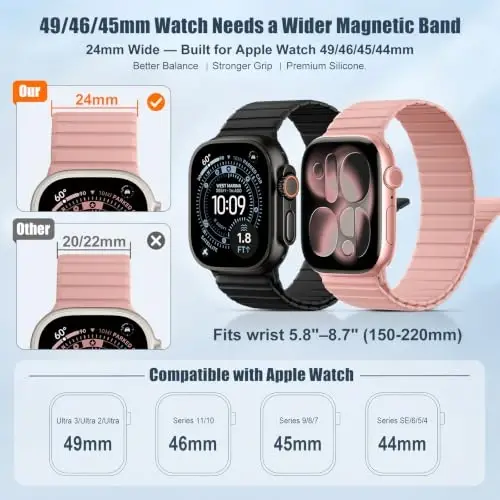 Magnetic Silicone Strap for Apple Watch Band 46mm 42 44 40 49mm Men Women | Soft Loop Strap for iWatch Ultra 4/3/2 Series 12 11 10 9 8 7 6 5 4 SE 49mm 46mm 42mm 44mm 40mm 45mm 41mm 38mm Upgraded Magnet - 3