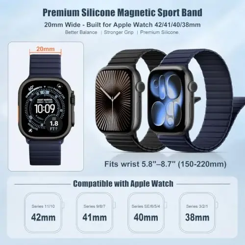 Magnetic Silicone Strap for Apple Watch Band 46mm 42 44 40 49mm Men Women | Soft Loop Strap for iWatch Ultra 4/3/2 Series 12 11 10 9 8 7 6 5 4 SE 49mm 46mm 42mm 44mm 40mm 45mm 41mm 38mm Upgraded Magnet - 3