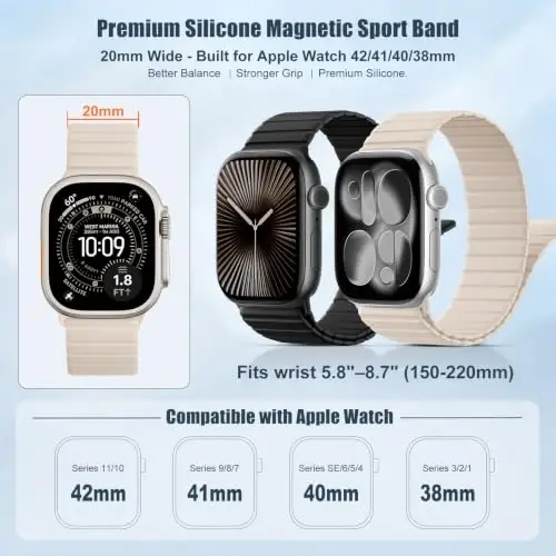 Magnetic Silicone Strap for Apple Watch Band 46mm 42 44 40 49mm Men Women | Soft Loop Strap for iWatch Ultra 4/3/2 Series 12 11 10 9 8 7 6 5 4 SE 49mm 46mm 42mm 44mm 40mm 45mm 41mm 38mm Upgraded Magnet - 3