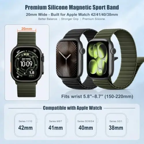 Magnetic Silicone Strap for Apple Watch Band 46mm 42 44 40 49mm Men Women | Soft Loop Strap for iWatch Ultra 4/3/2 Series 12 11 10 9 8 7 6 5 4 SE 49mm 46mm 42mm 44mm 40mm 45mm 41mm 38mm Upgraded Magnet - 3